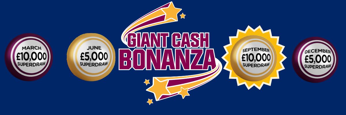 two gold and purple lottery balls with the words £ 10, 000 and £ 5, 000 on them and giant cash bonanza lottery logo